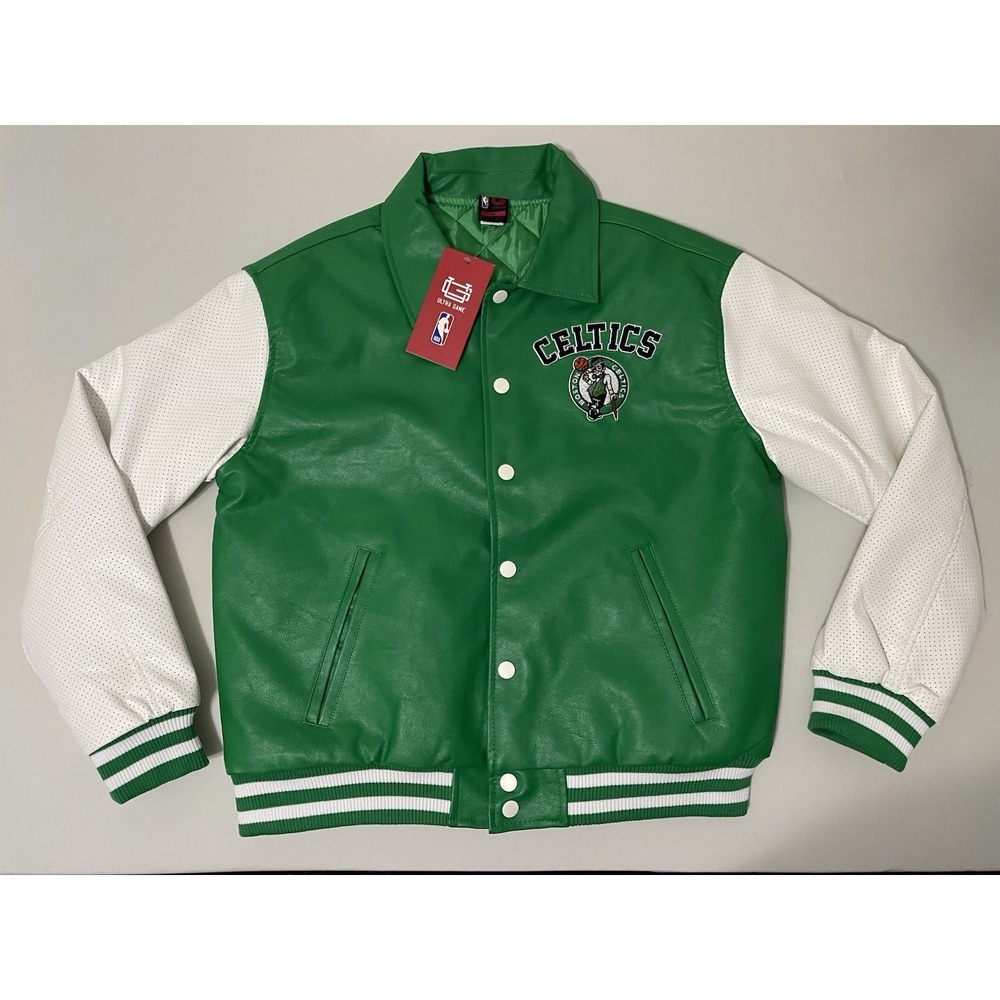 NBA BOSTON CELTICS ULTRA GAME LEATHER JACKET SZ MEDIUM PERFORATED LEATHER SLEEVE